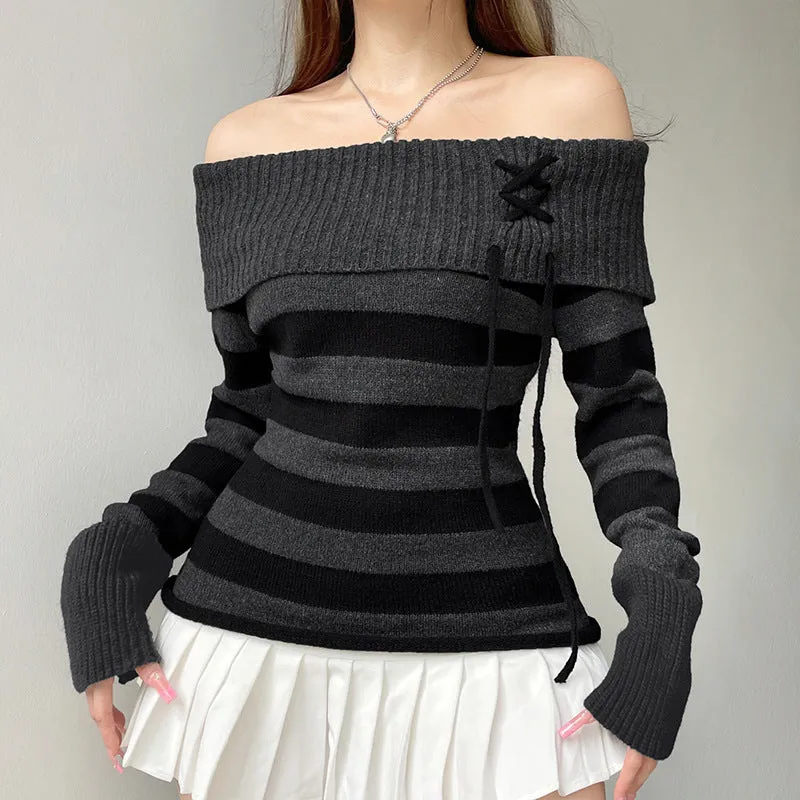 Aiertu long sweater dress outfit Y2k Retro Fashion Color Matching Striped Flanging off-Shoulder Chic Lace-up Sweater Personalized Waist Slimming Sweater