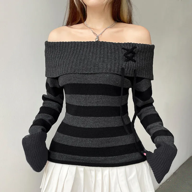 Aiertu long sweater dress outfit Y2k Retro Fashion Color Matching Striped Flanging off-Shoulder Chic Lace-up Sweater Personalized Waist Slimming Sweater