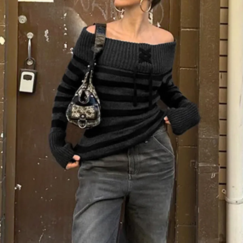 Aiertu long sweater dress outfit Y2k Retro Fashion Color Matching Striped Flanging off-Shoulder Chic Lace-up Sweater Personalized Waist Slimming Sweater