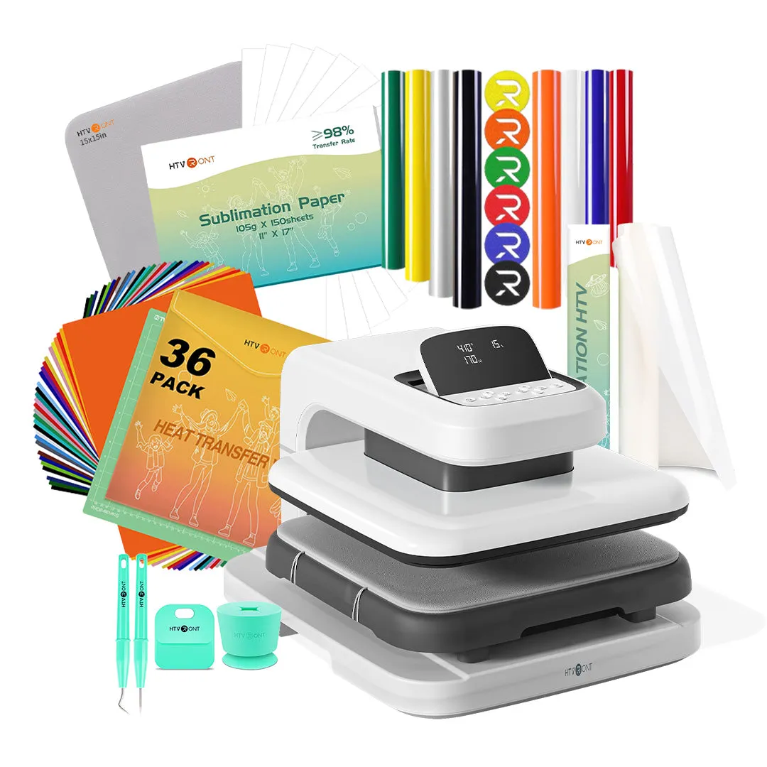 [BF Deals]HTVRONT Auto2 Heat Press HTV & Sublimation Essential Bundle(36 sheets HTV 150 sheets Sublimation Paper A4 Sublimation HTV Roll PUFF HTV*8 Tools Bundle)
