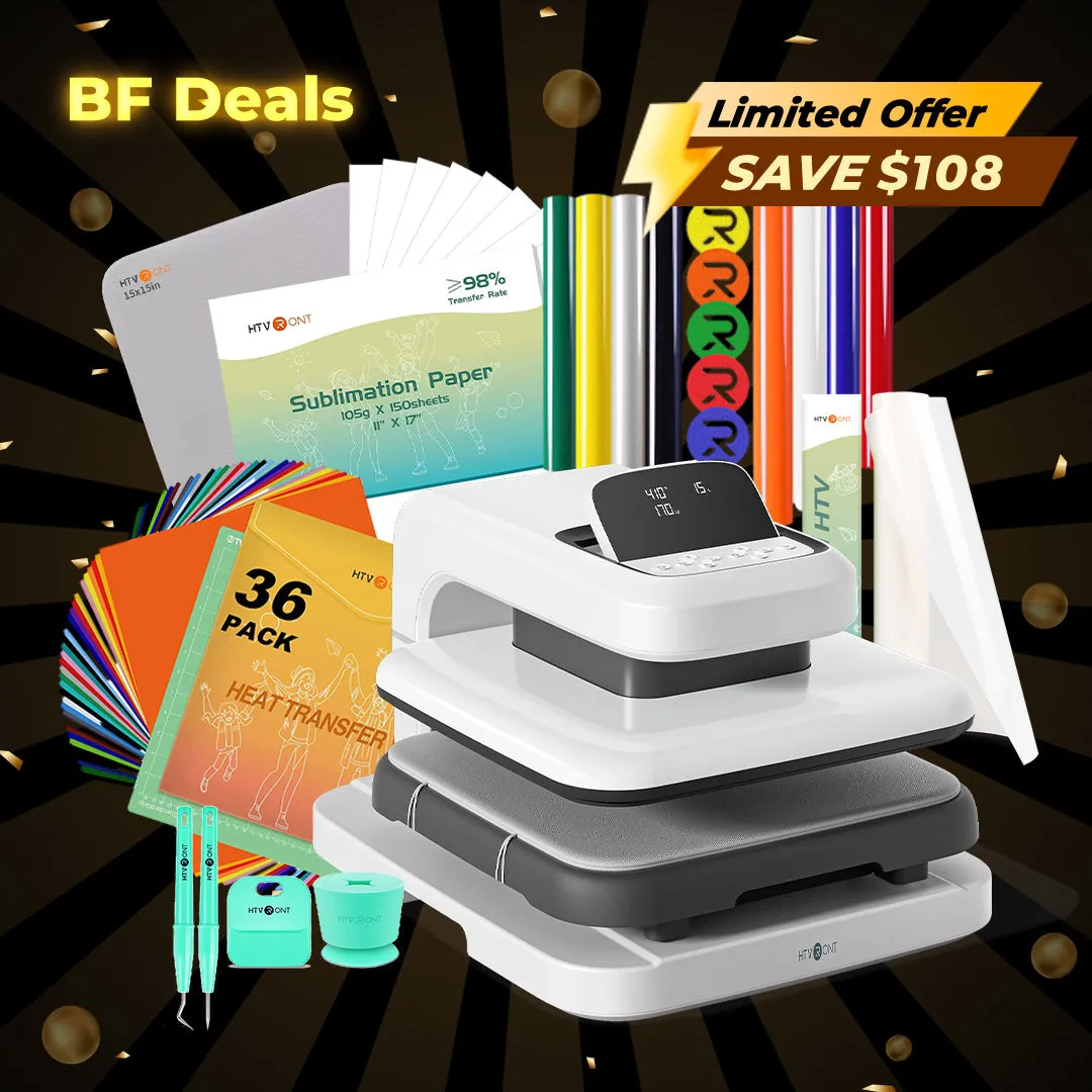 [BF Deals]HTVRONT Auto2 Heat Press HTV & Sublimation Essential Bundle(36 sheets HTV 150 sheets Sublimation Paper A4 Sublimation HTV Roll PUFF HTV*8 Tools Bundle)