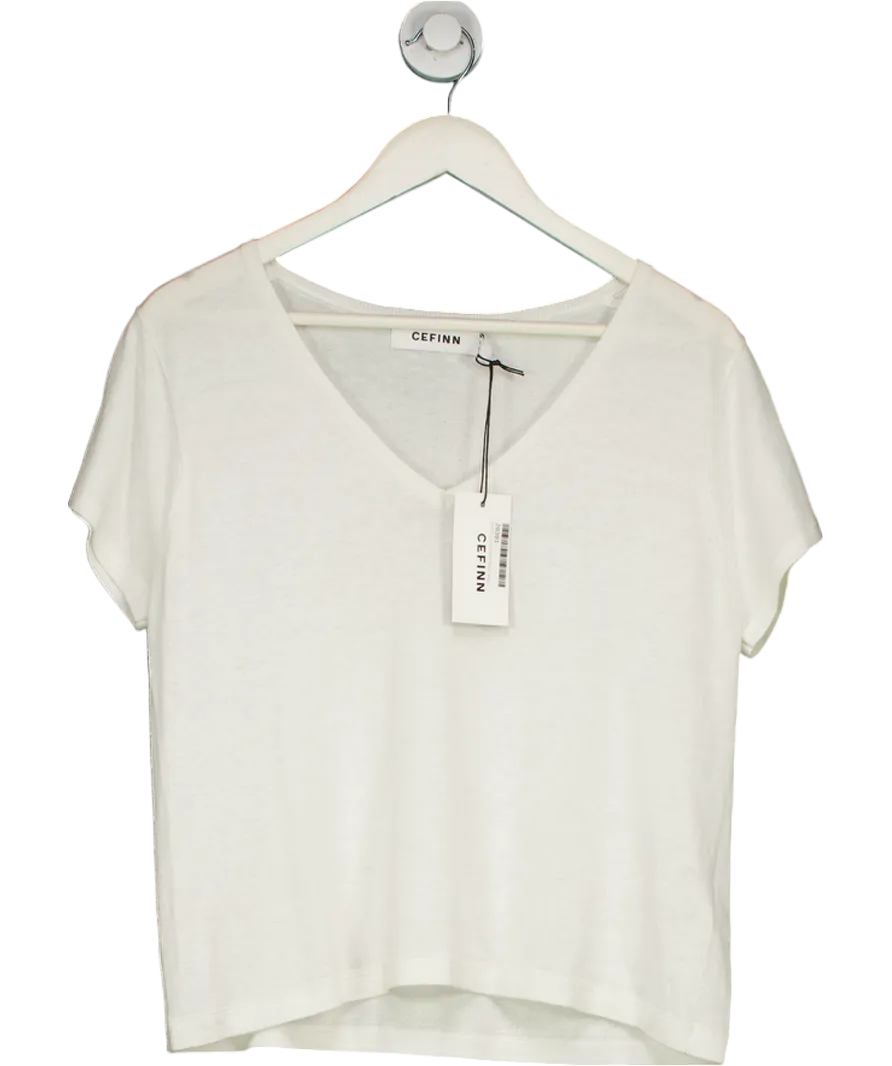 Cefinn White Madison Fine Linen Blend V Neck T-shirt UK M