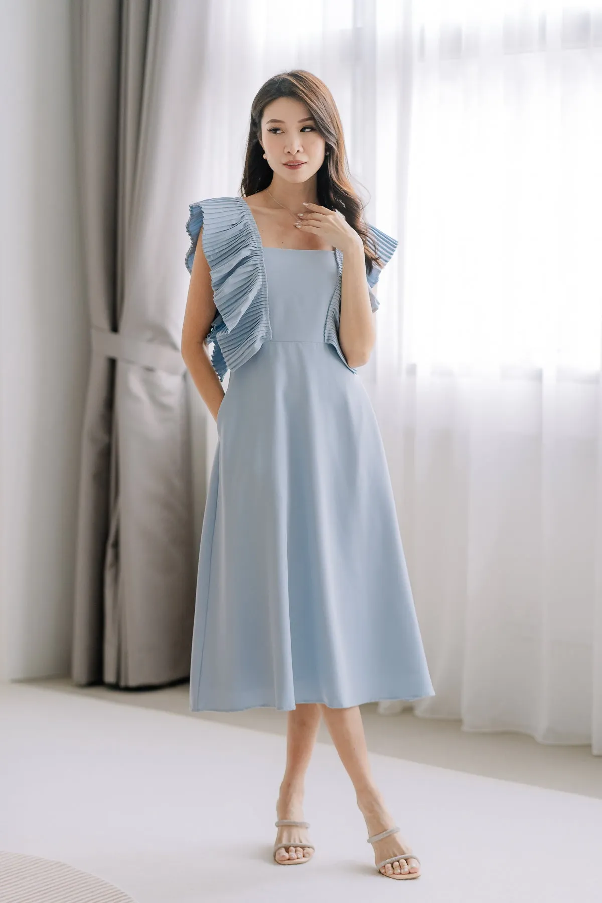 Dover Pleated Ruffle Midi Dress  - Powder Blue [XS/S/M/L/XL]