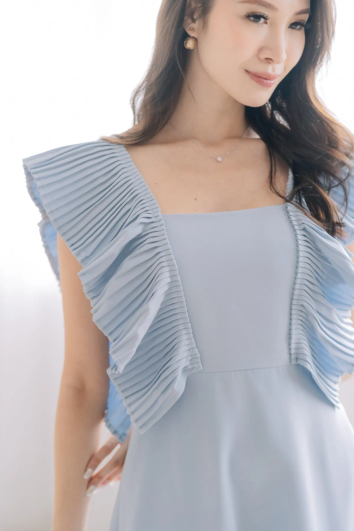 Dover Pleated Ruffle Midi Dress  - Powder Blue [XS/S/M/L/XL]