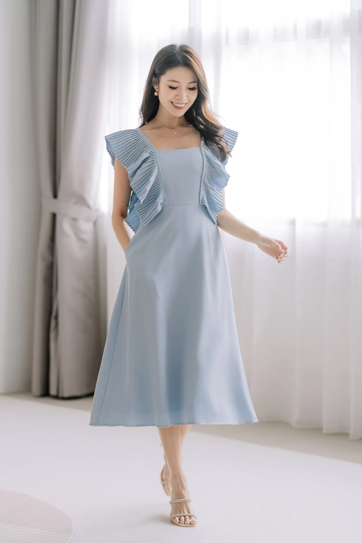 Dover Pleated Ruffle Midi Dress  - Powder Blue [XS/S/M/L/XL]