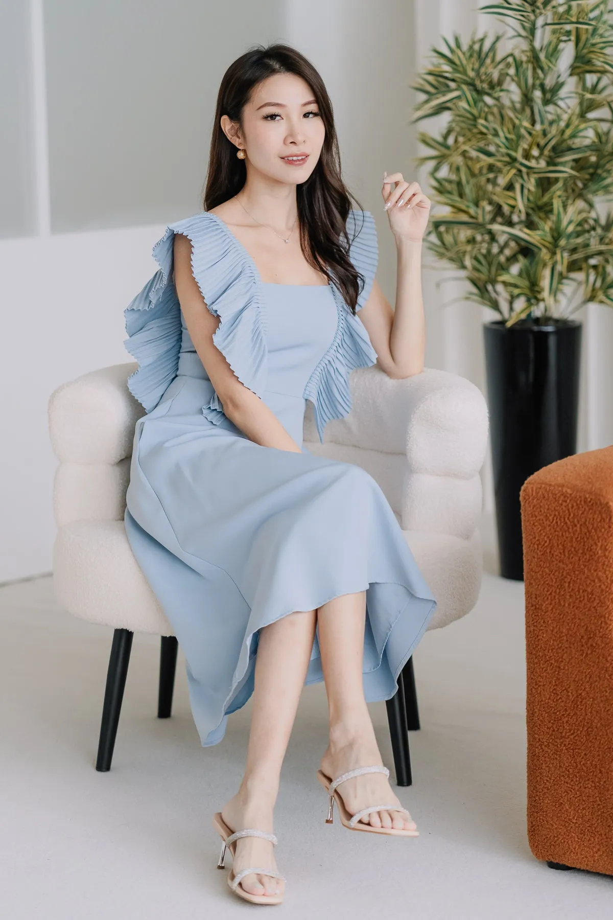 Dover Pleated Ruffle Midi Dress  - Powder Blue [XS/S/M/L/XL]