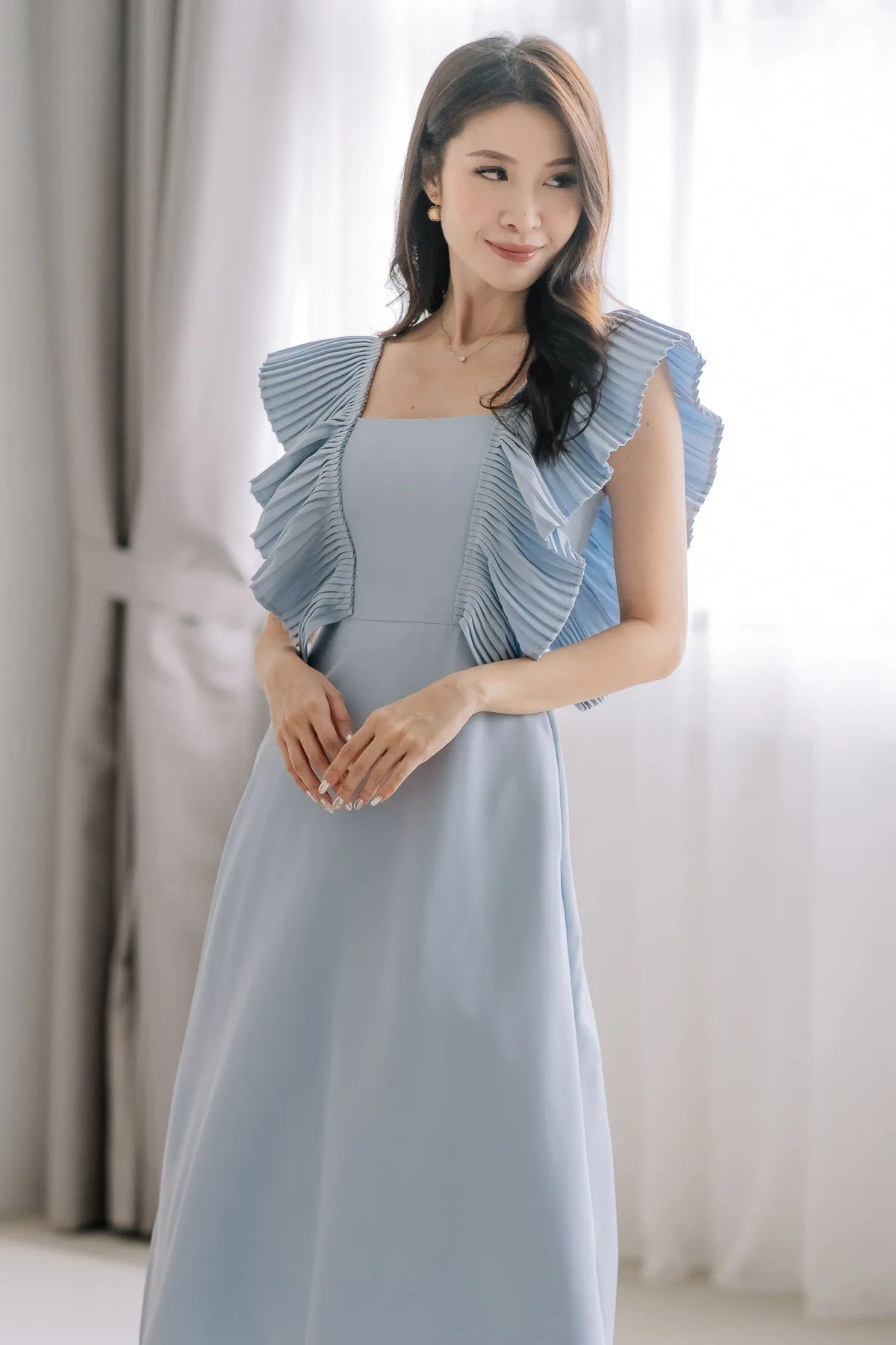 Dover Pleated Ruffle Midi Dress  - Powder Blue [XS/S/M/L/XL]