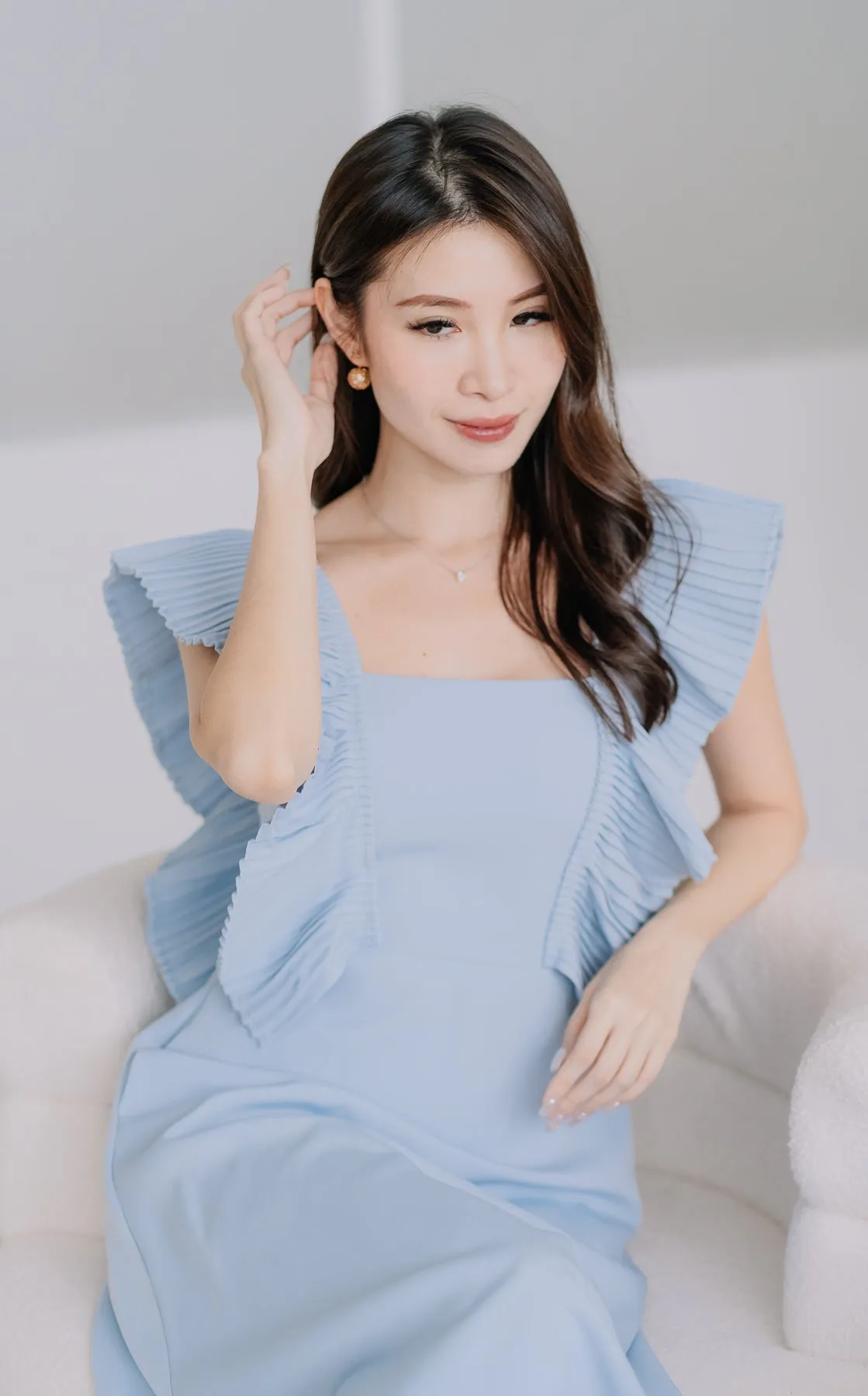 Dover Pleated Ruffle Midi Dress  - Powder Blue [XS/S/M/L/XL]