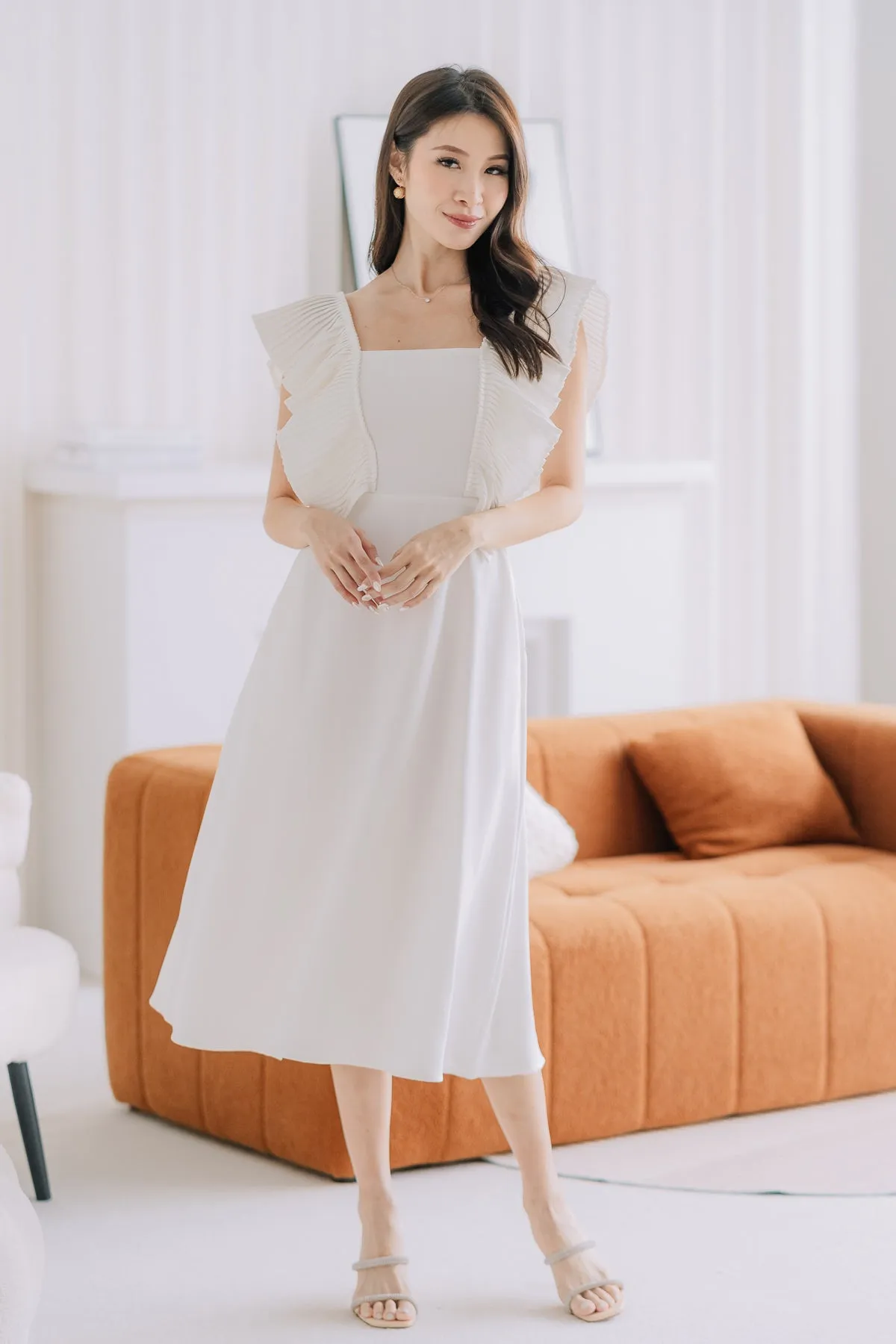 Dover Pleated Ruffle Midi Dress  - White [XS/S/M/L/XL]