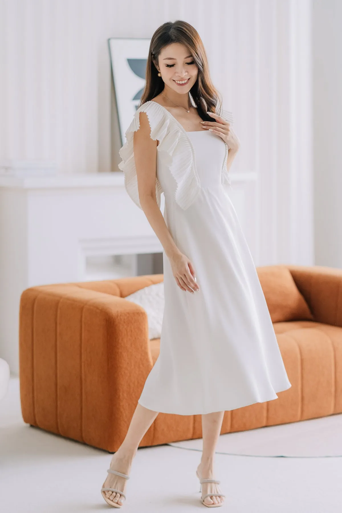 Dover Pleated Ruffle Midi Dress  - White [XS/S/M/L/XL]