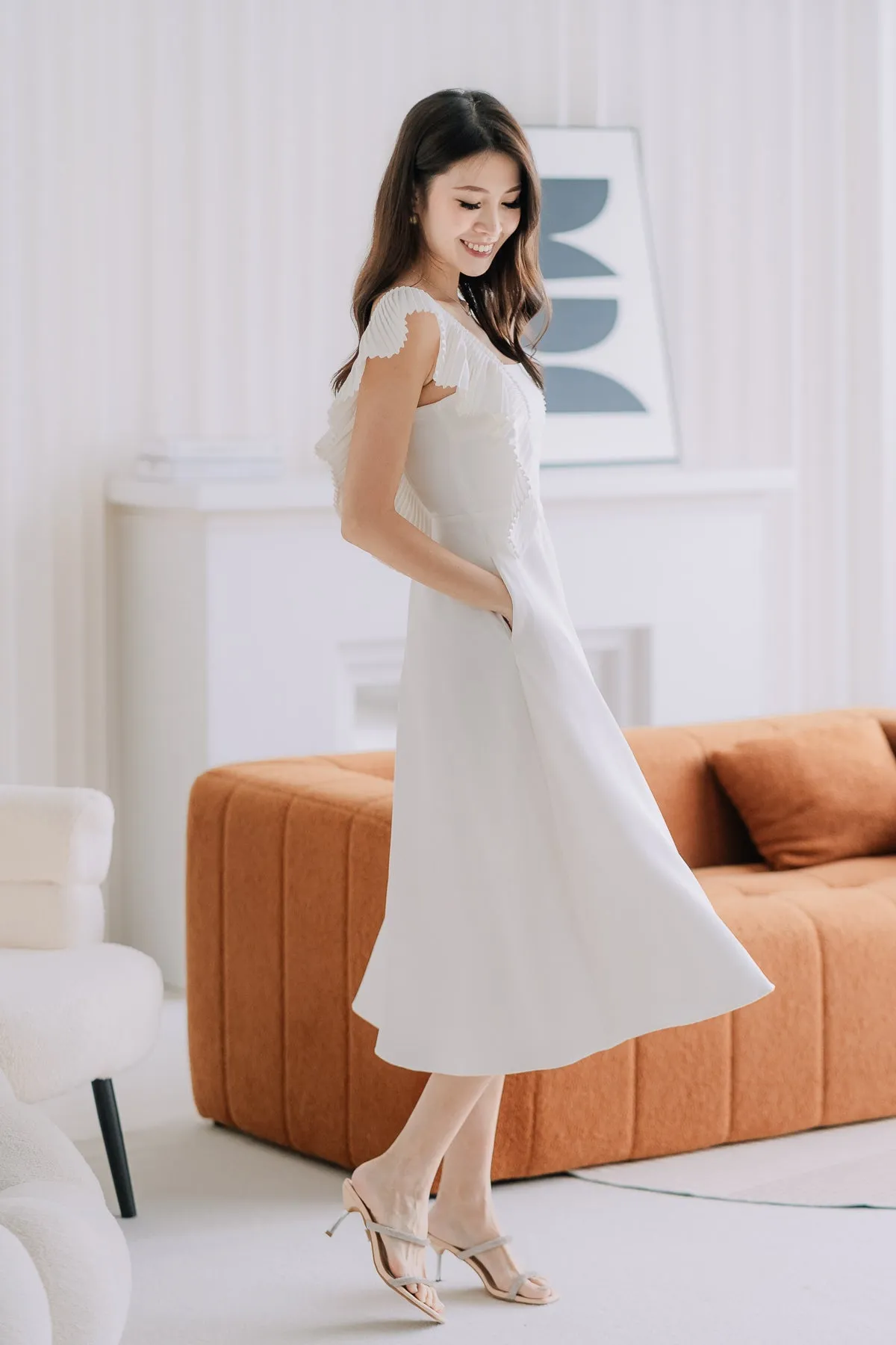 Dover Pleated Ruffle Midi Dress  - White [XS/S/M/L/XL]