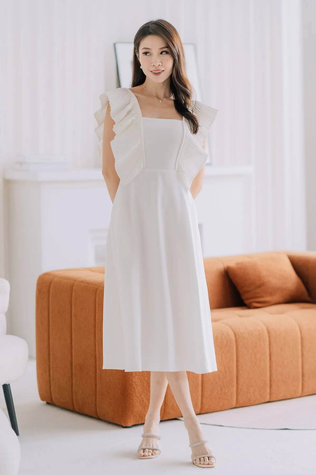 Dover Pleated Ruffle Midi Dress  - White [XS/S/M/L/XL]