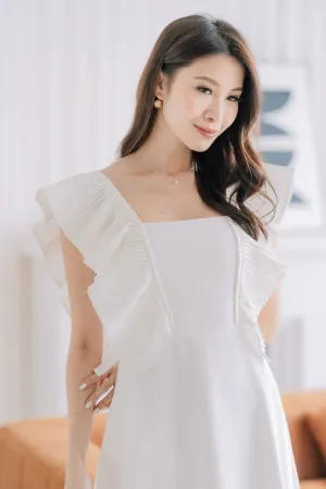 Dover Pleated Ruffle Midi Dress  - White [XS/S/M/L/XL]