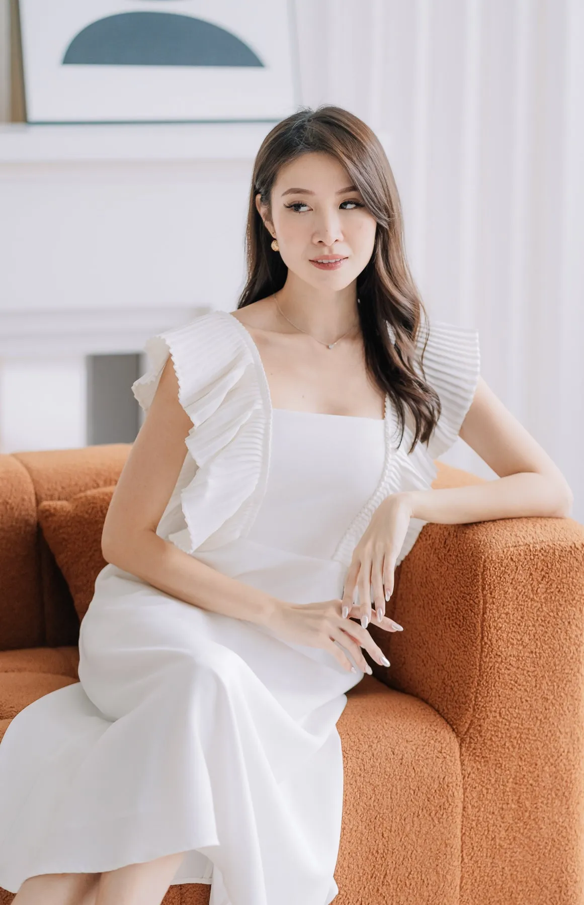 Dover Pleated Ruffle Midi Dress  - White [XS/S/M/L/XL]