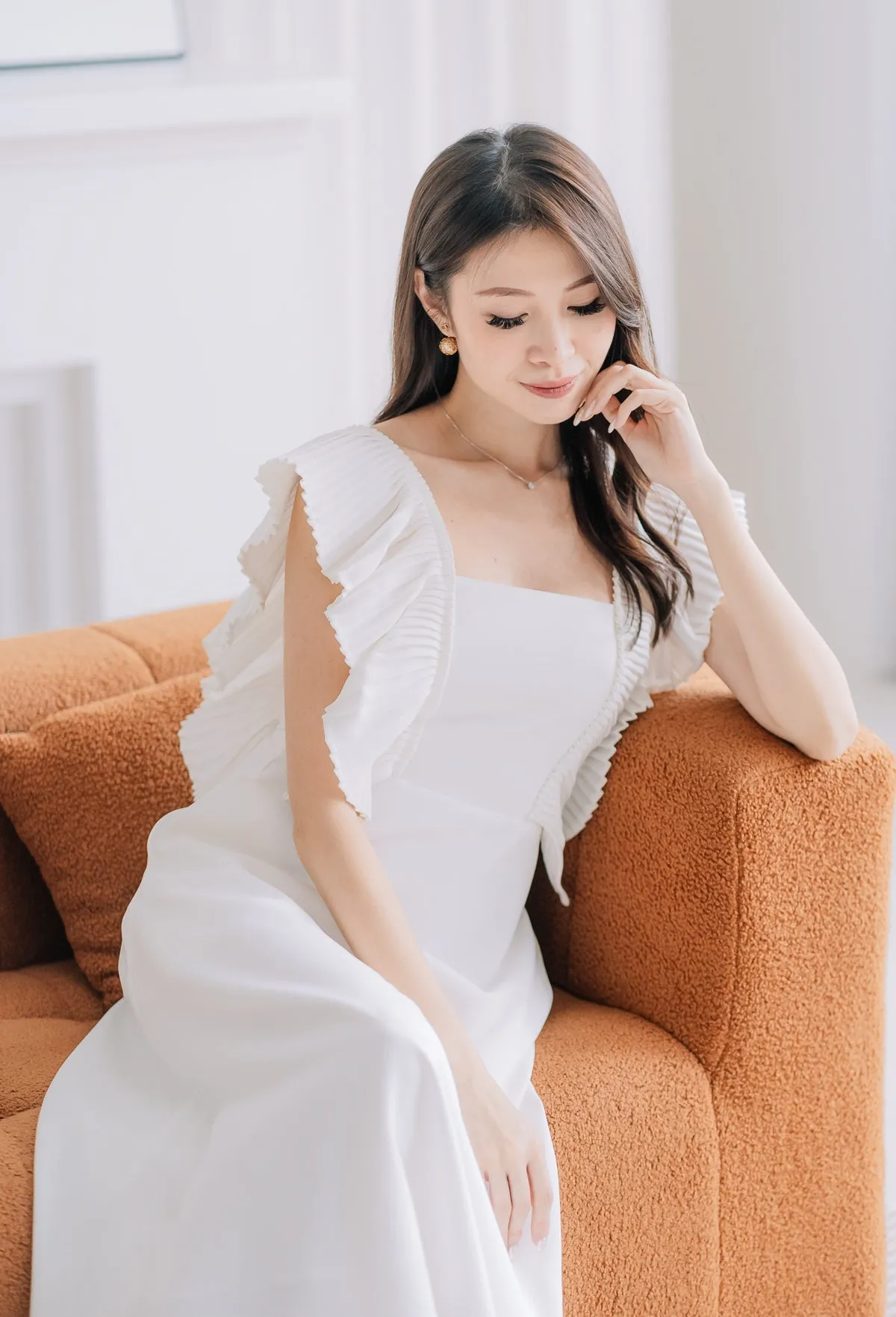 Dover Pleated Ruffle Midi Dress  - White [XS/S/M/L/XL]