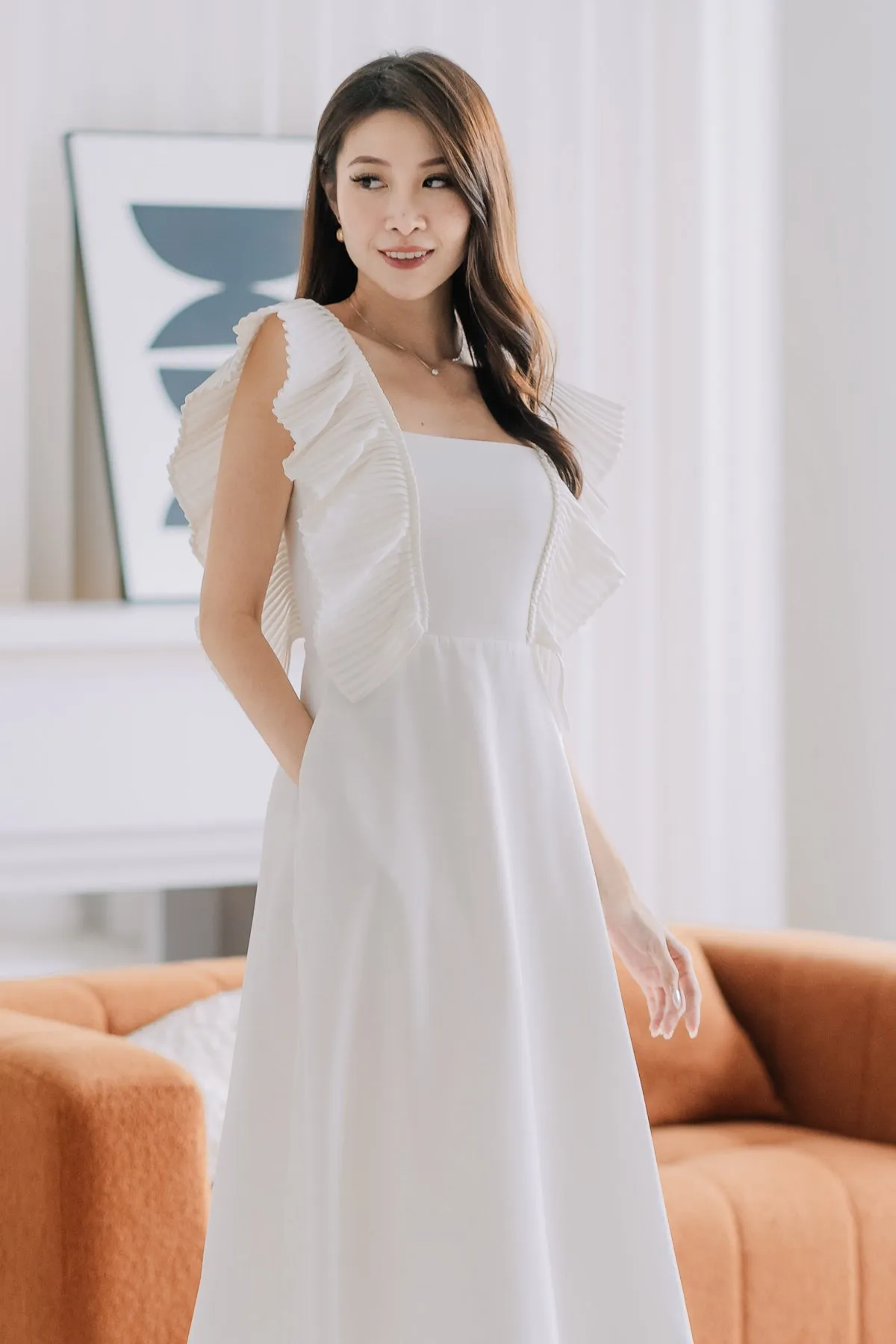 Dover Pleated Ruffle Midi Dress  - White [XS/S/M/L/XL]
