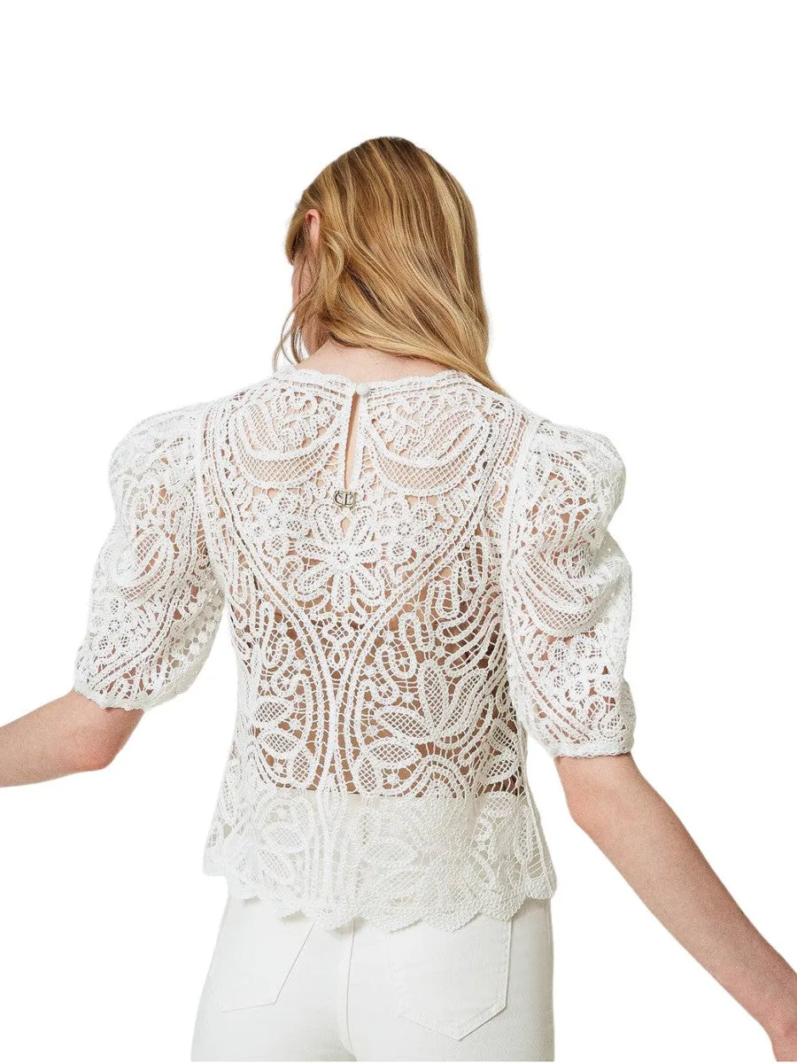 Maglia crochet effetto pizzo con maniche balloon