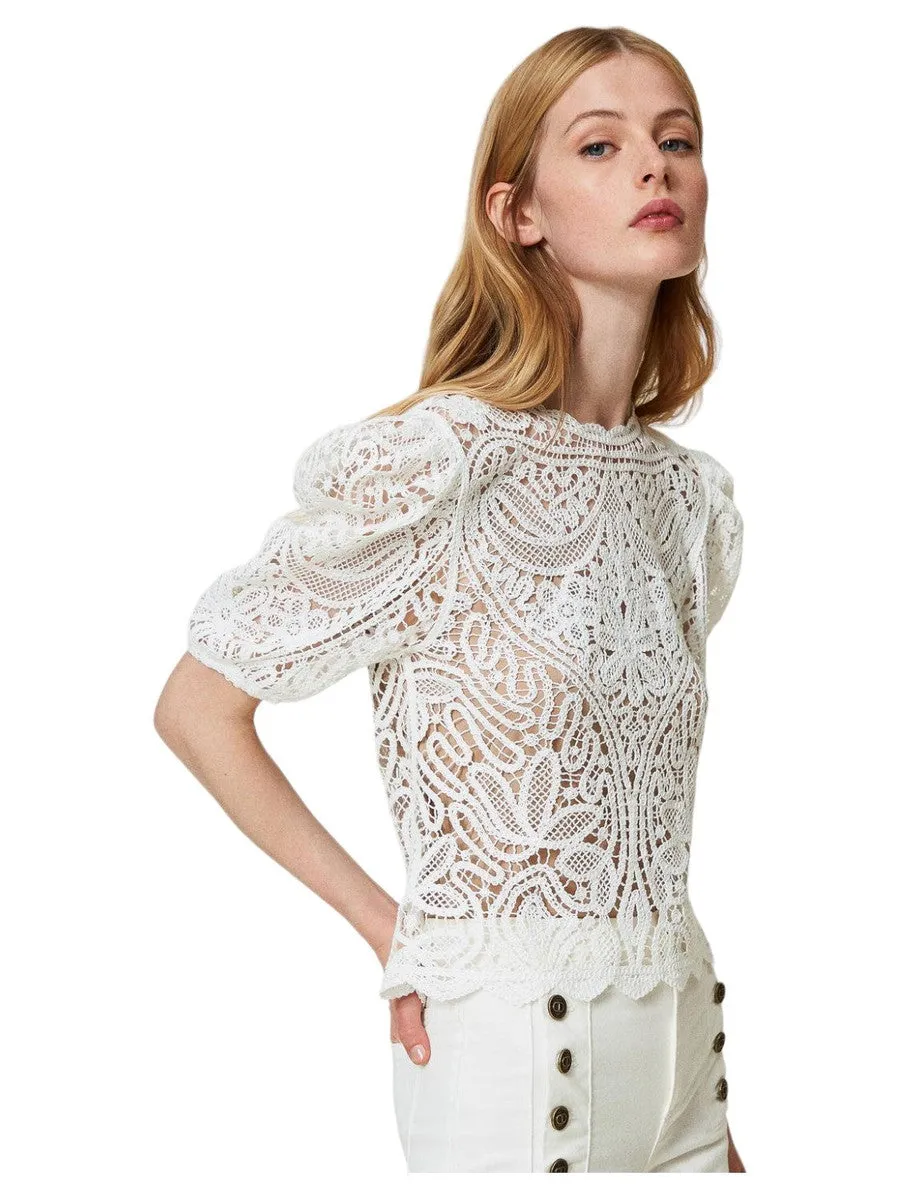 Maglia crochet effetto pizzo con maniche balloon