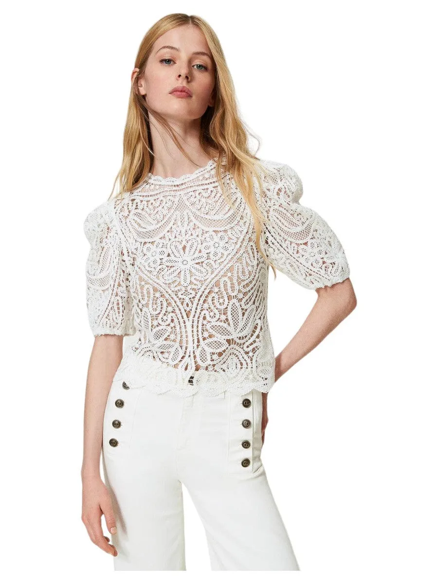 Maglia crochet effetto pizzo con maniche balloon