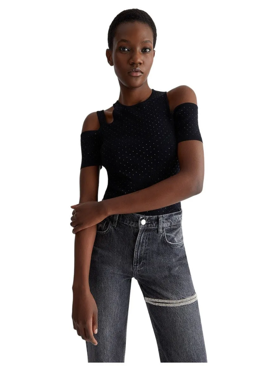 T-Shirt con Strass e Cut Out