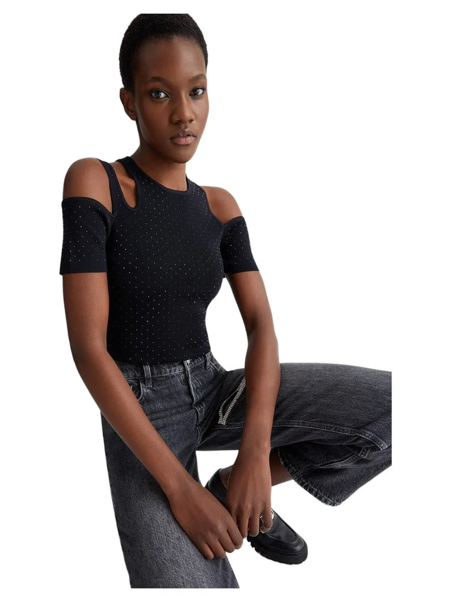 T-Shirt con Strass e Cut Out