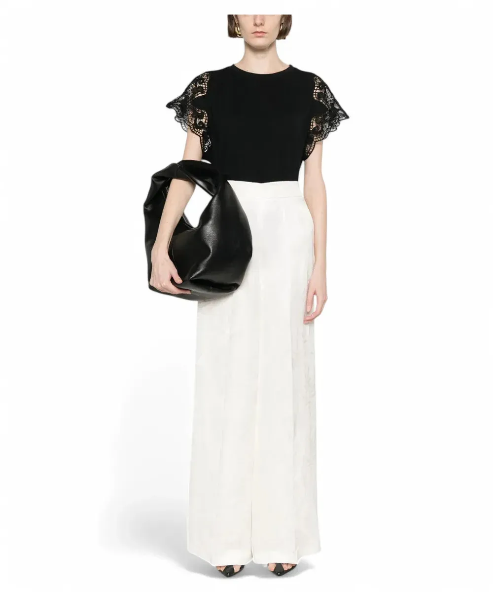 T-shirt in Cotone con Maniche in Pizzo Macramè