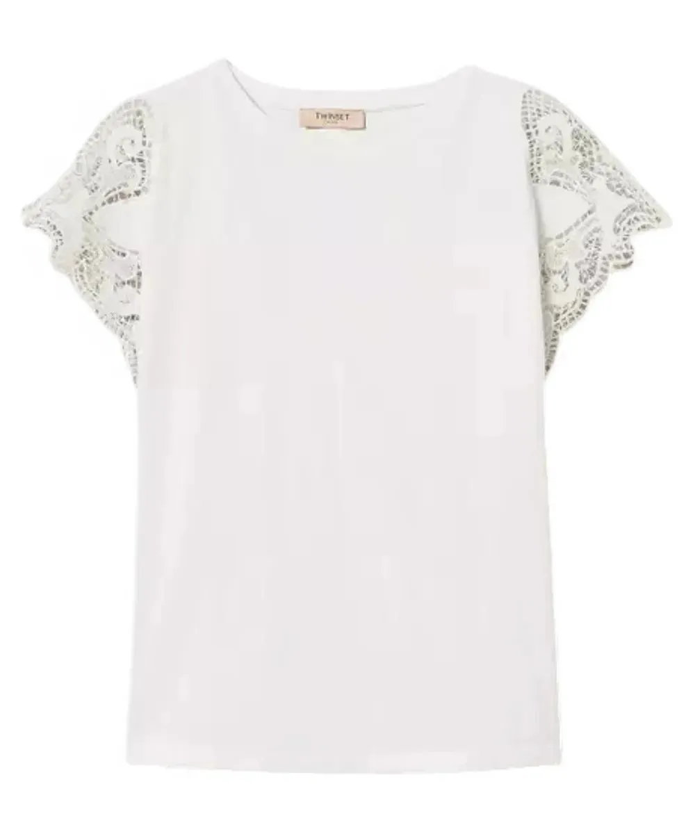 T-shirt in Cotone con Maniche in Pizzo Macramè