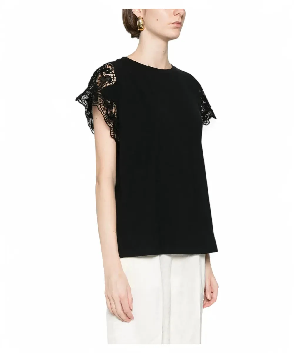 T-shirt in Cotone con Maniche in Pizzo Macramè