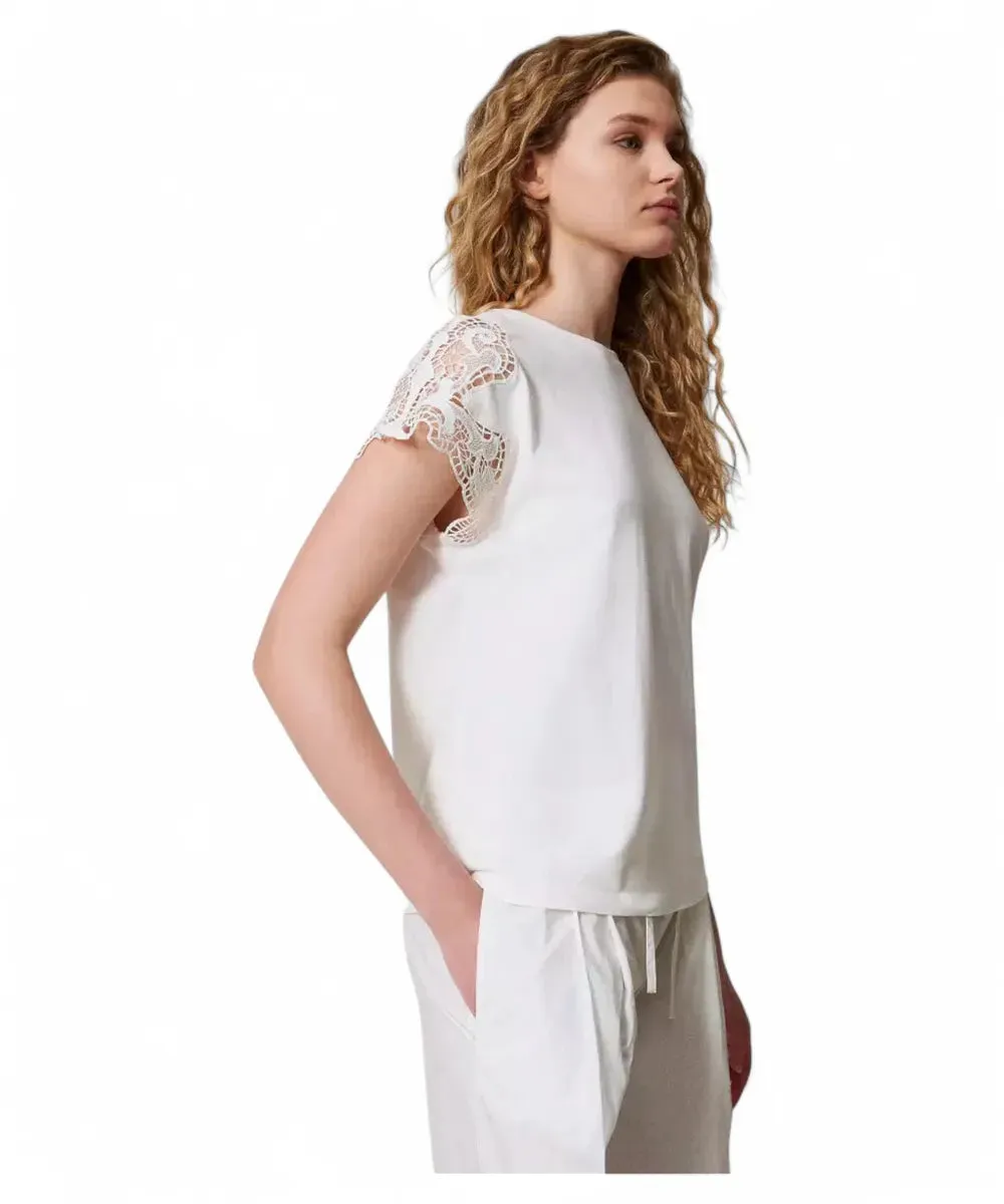 T-shirt in Cotone con Maniche in Pizzo Macramè