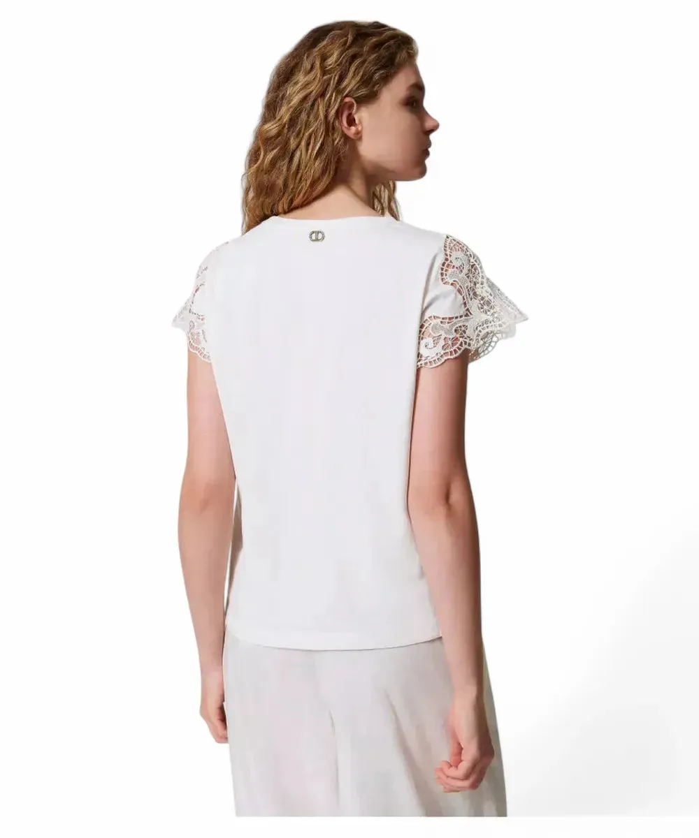 T-shirt in Cotone con Maniche in Pizzo Macramè