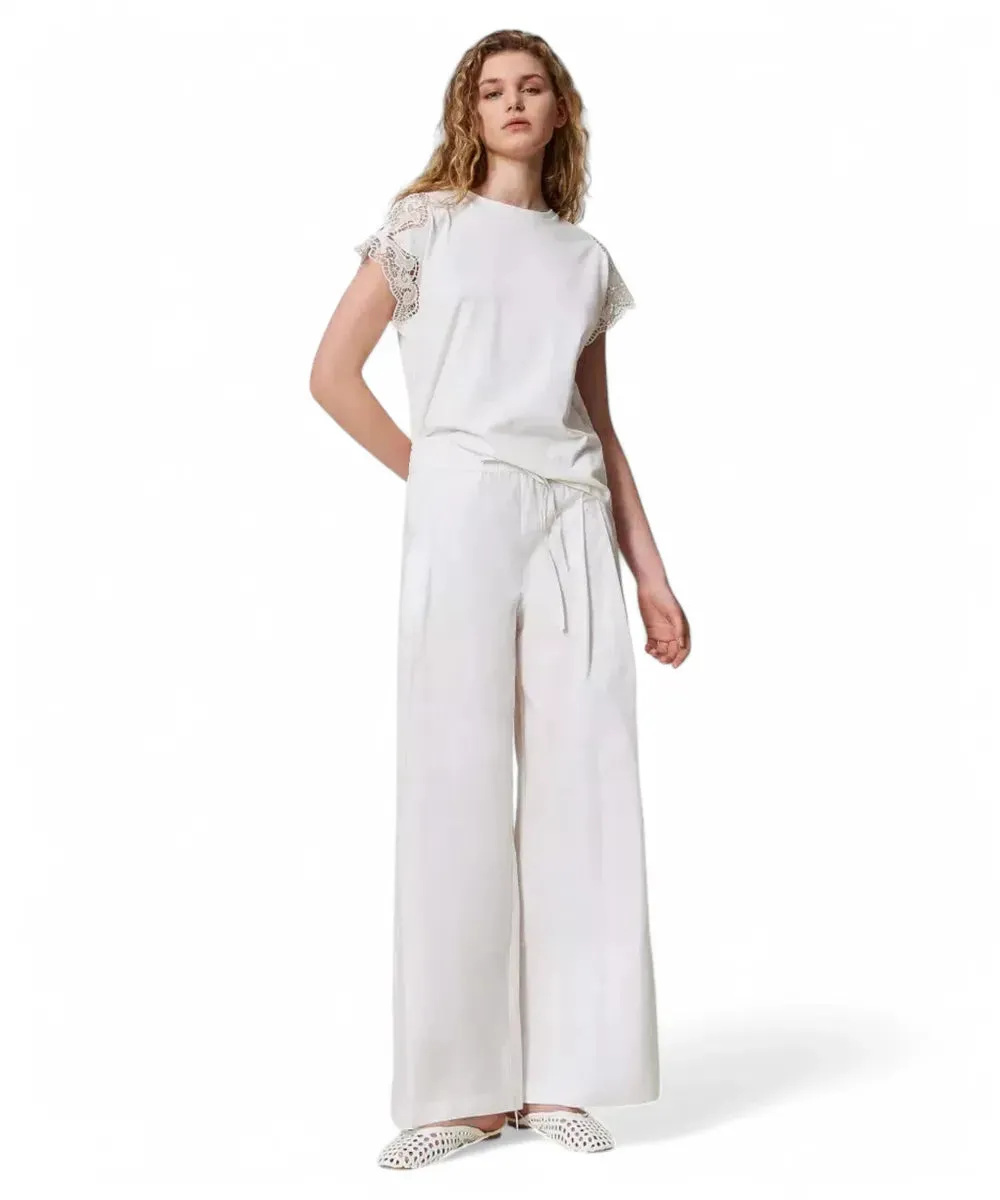 T-shirt in Cotone con Maniche in Pizzo Macramè