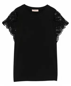 T-shirt in Cotone con Maniche in Pizzo Macramè