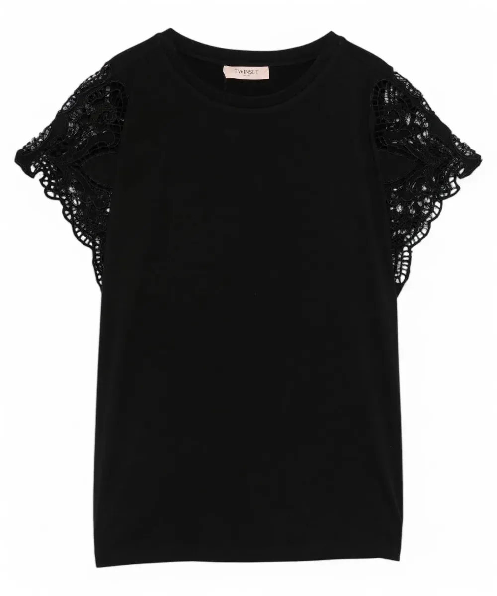 T-shirt in Cotone con Maniche in Pizzo Macramè