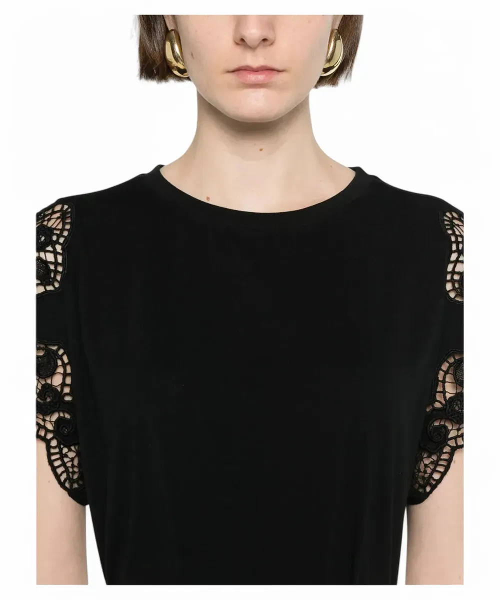 T-shirt in Cotone con Maniche in Pizzo Macramè