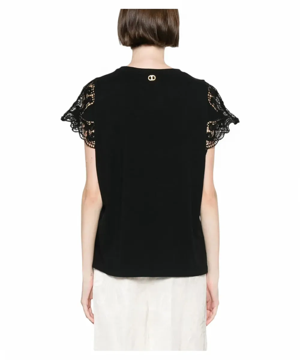 T-shirt in Cotone con Maniche in Pizzo Macramè